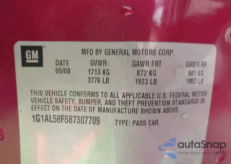 2008 Chevrolet Cobalt Lt from USA, damaged, VIN 1G1AL58F587307709